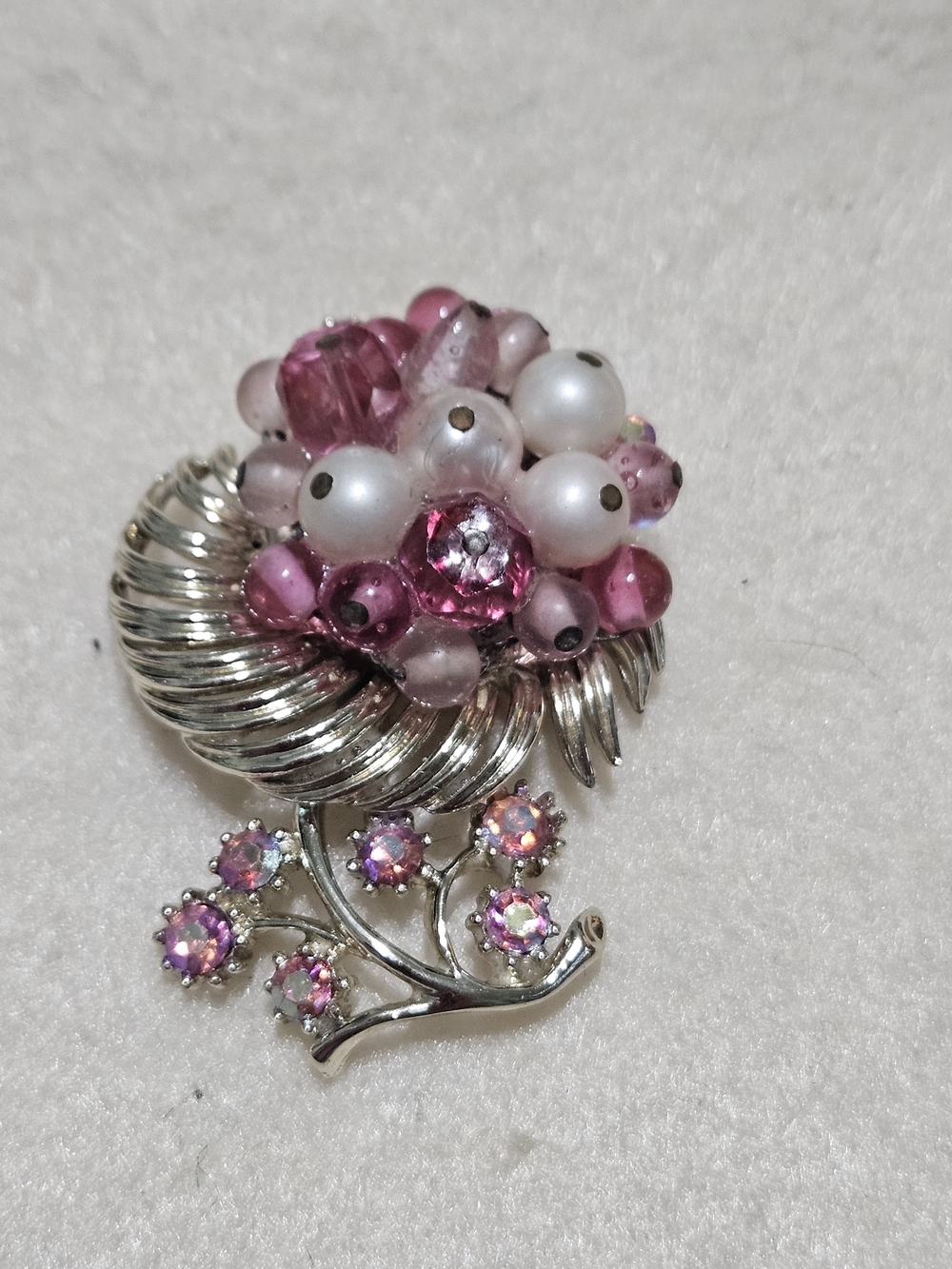 Coro Silver-Tone Pink Rhinestone and Pearl Cluster Brooch